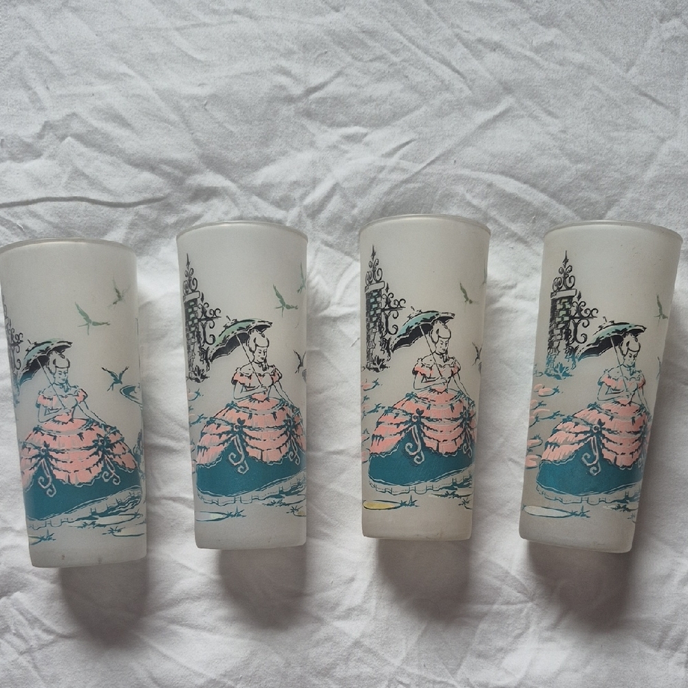 Vintage 1950's Southern Belle Frosted Glasses - Pink and Blue Design